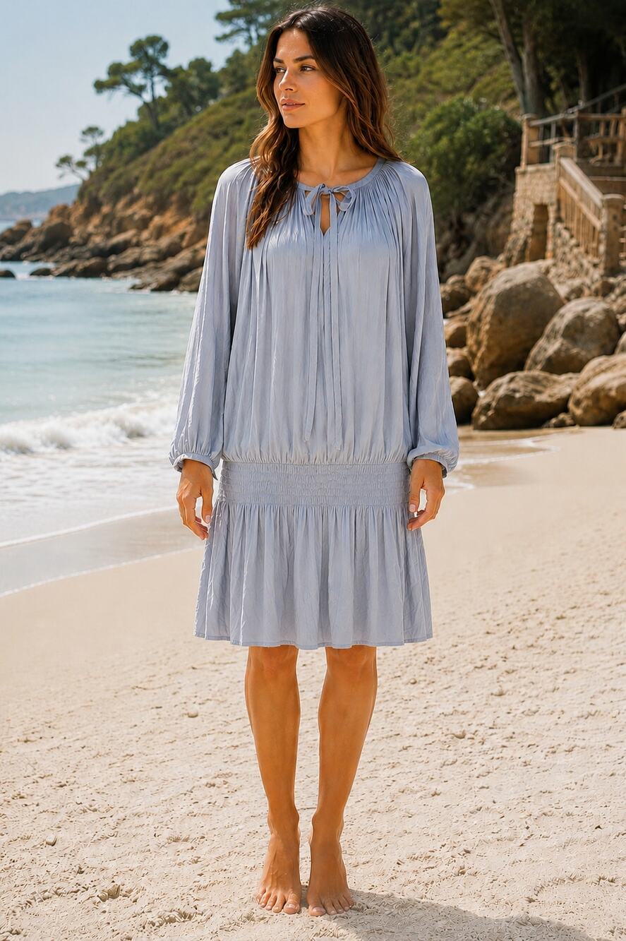 Ramy Brook Silver Gray Smocked Waist Long Sleeve Mini Dress Size S Flowy